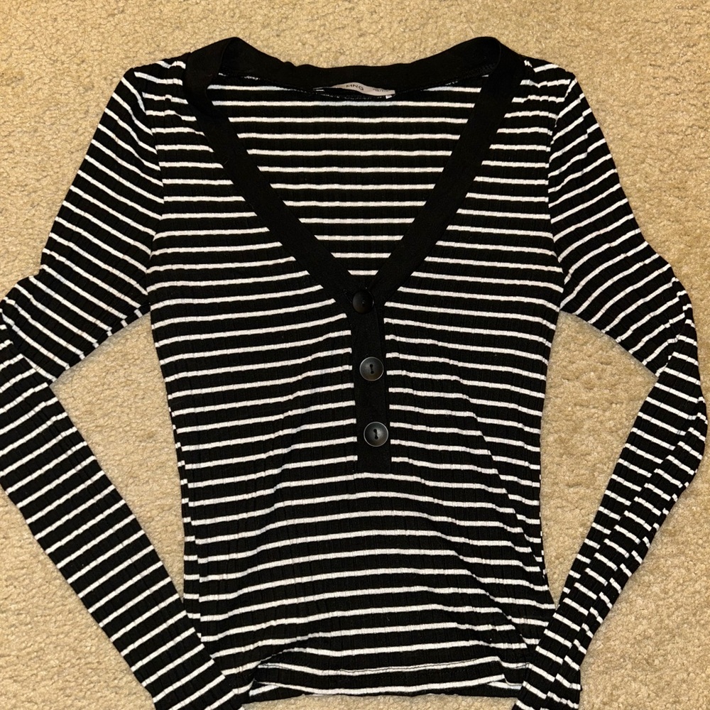 Mango Black and White Fitted Long Sleeve Button Down Shirt